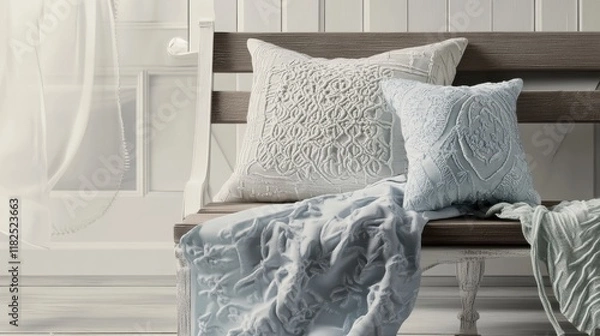 Fototapeta Elegant Pastel-Colored Embroidered Pillows and Throw Blanket Set on Rustic Wooden Bench