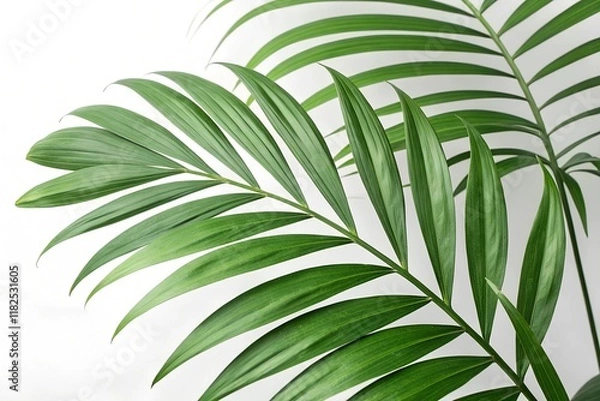 Fototapeta Houseplant with green leaves, close-up, isolated on a white background. Chamaedorea (Parlor Palm).