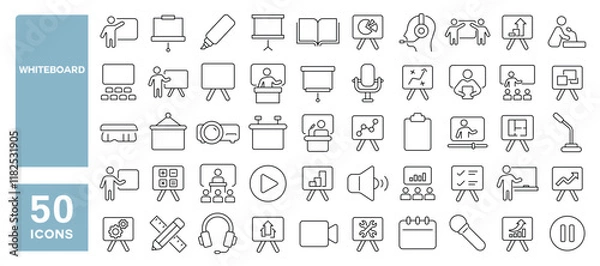 Fototapeta Set of 50 line icons related to whiteboard, board, clipboard, analysis, report, statistics, presentation, marker, projector, diagram, monitor, Editable stroke. Vector illustration
