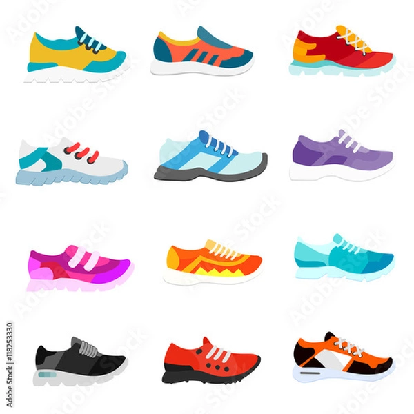 Fototapeta Collection sneakers in flat style. Multi-colored sneakers icons set. Sneakers and shoes Flat design vector illustration. collection of shoes on a white background.