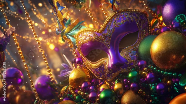 Obraz Celebrate Mardi Gras with vibrant abstract designs featuring bold colors, costume masks, and dazzling gold accents—perfect for party backdrops and design projects