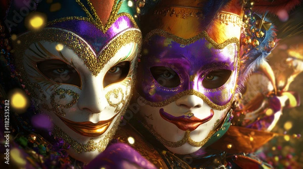 Obraz Let the good times roll! Celebrate Mardi Gras with vibrant abstract designs featuring bold colors, costume masks, and dazzling gold accents—perfect for party backdrops, design projects, and festivity.