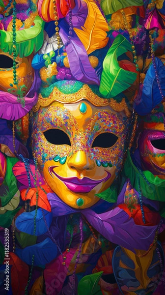 Obraz Let the good times roll! Celebrate Mardi Gras with vibrant abstract designs featuring bold colors, costume masks, and dazzling gold accents—perfect for party backdrops, design projects, and festivity.