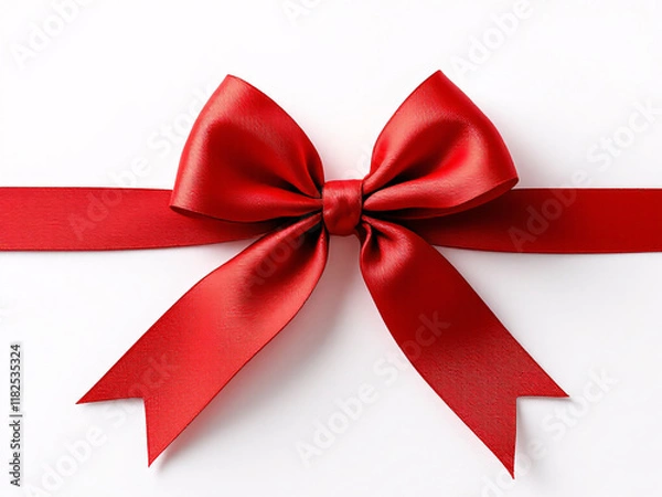 Fototapeta Red satin bow on ribbon, elegant and festive, perfect for holiday gift wrapping and decoration.