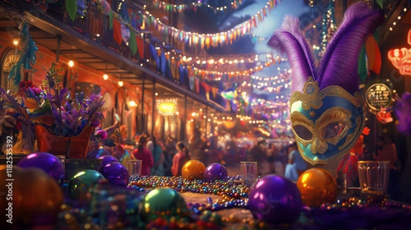 Obraz Let the good times roll! Celebrate Mardi Gras with vibrant abstract designs featuring bold colors, costume masks, and dazzling gold accents—perfect for party backdrops, design projects, and festivity.