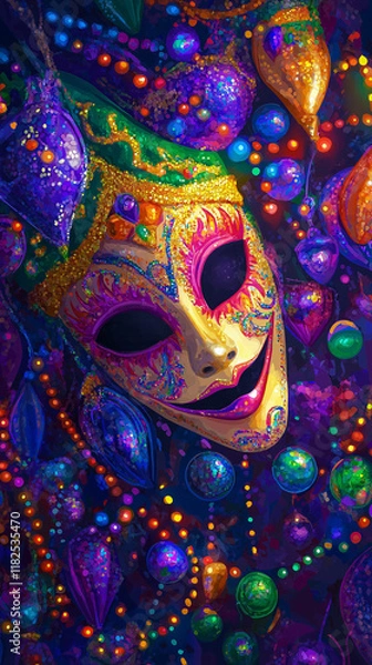 Fototapeta Let the good times roll! Celebrate Mardi Gras with vibrant abstract designs featuring bold colors, costume masks, and dazzling gold accents—perfect for party backdrops, design projects, and festivity.