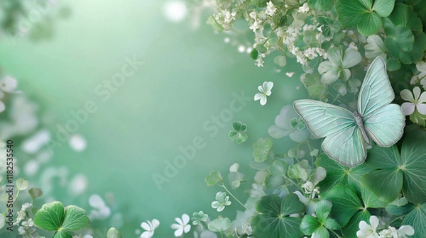Obraz Celebrate the luck of the Irish! This festive St. Patrick’s Day background features a vibrant green hue, subtle bokeh effects, and classic holiday decorations, perfect for your designs and celebrate.