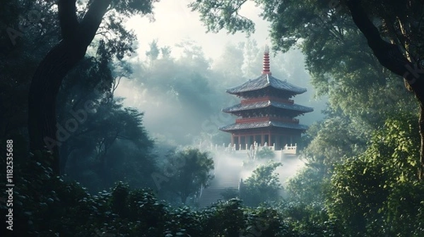 Obraz Ancient Pagoda Enveloped In A Misty Forest