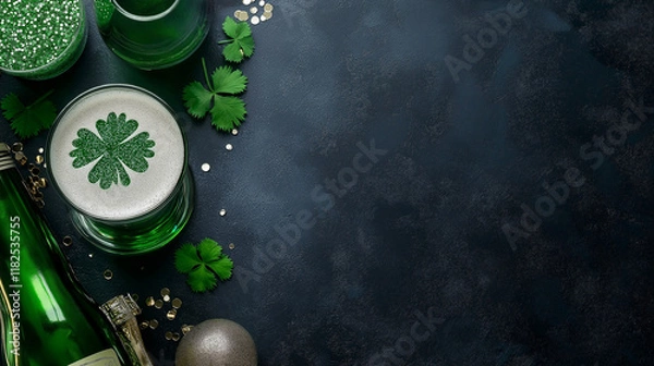 Obraz Celebrate the luck of the Irish! This festive St. Patrick’s Day background features a vibrant green hue, subtle bokeh effects, and classic holiday decorations, perfect for your designs and celebrate.