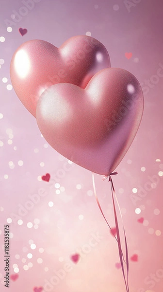 Fototapeta Love is in the air! Celebrate Valentine’s Day with this dreamy backdrop of pink heart-shaped balloons and soft white bokeh lights, perfect for adding a touch of romance to any design.