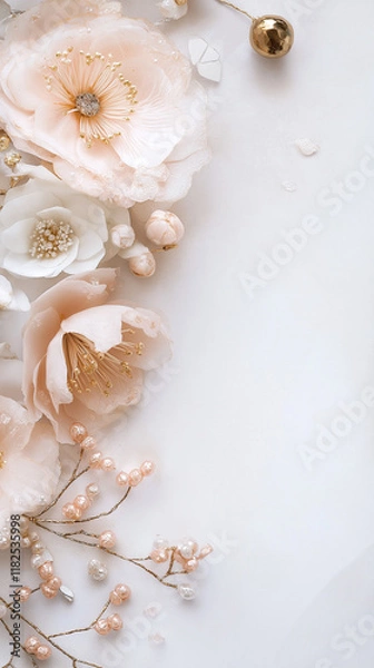 Fototapeta Timeless elegance blooms here. This white, beige, and gold floral background creates a sophisticated and serene canvas, ideal for weddings, birthdays, or any refined design project.