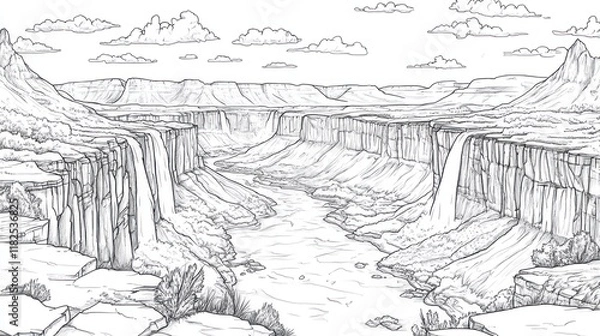 Fototapeta Canyon waterfalls sketch, desert landscape, coloring book page