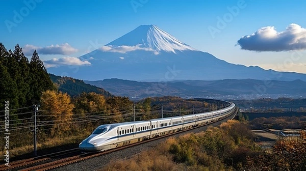 Obraz Shinkansen Bullet Train Passes Mount Fuji In Autumn