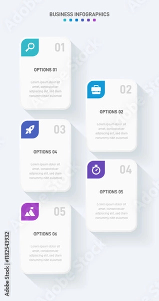 Obraz Vertical progress bar featuring 5 arrow-shaped elements, symbolizing the five stages of business strategy and progression. Clean timeline infographic design template. Vector for mobile presentation.