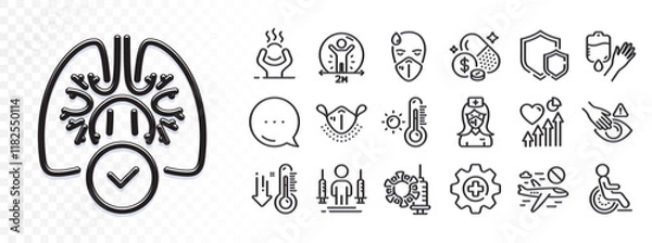 Fototapeta Heart beat, Dont touch and Weather thermometer line icons for web app. Glare of light effect. Message icon. Pack of Lungs, Medical mask, Low thermometer pictogram icons. Vector