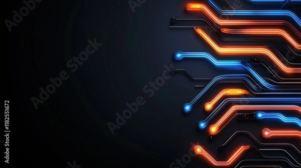 Fototapeta Red and blue glowing circuit paths on a dark background. technology and innovation concept.