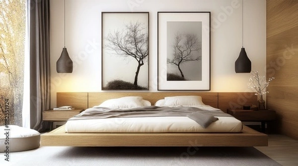 Fototapeta Modern minimalist bedroom, low platform bed, warm wood tones, pendant lights, nature-inspired wall art, beige walls, cozy bedding, sleek design, zen atmosphere, muted colors, clean lines, Japanese-ins