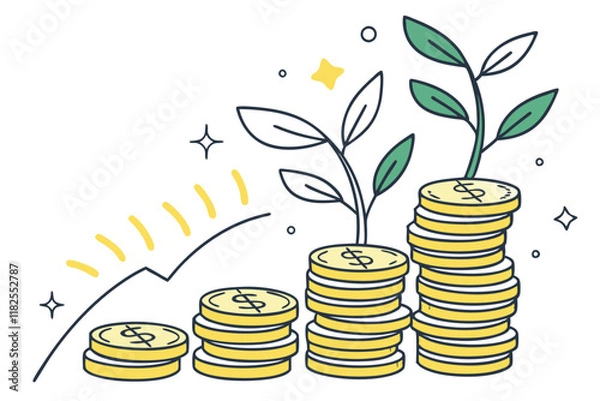 Fototapeta Gold coins stacks, green plant sprouts, financial growth concept, wealth accumulation, investment returns, sparkles, minimalist illustration, flat design, yellow and green color scheme, white backgrou