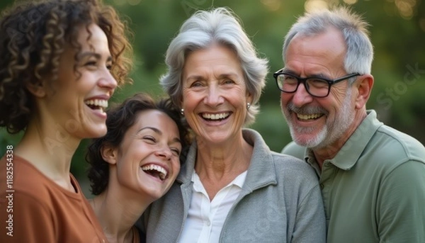 Fototapeta A cheerful family of four, including two women and two men, share a moment of joy outdoors, surrounded by lush greenery. Their genuine smiles and laughter create an atmosphere of warmth and connection