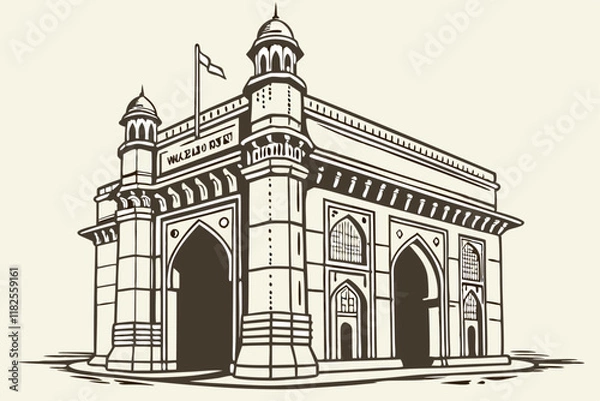 Obraz Iconic Gateway of India, Mumbai landmark, grand stone arch, colonial architecture, symmetrical design, twin towers, ornate details, sepia tones, monochromatic illustration, historical monument, touris