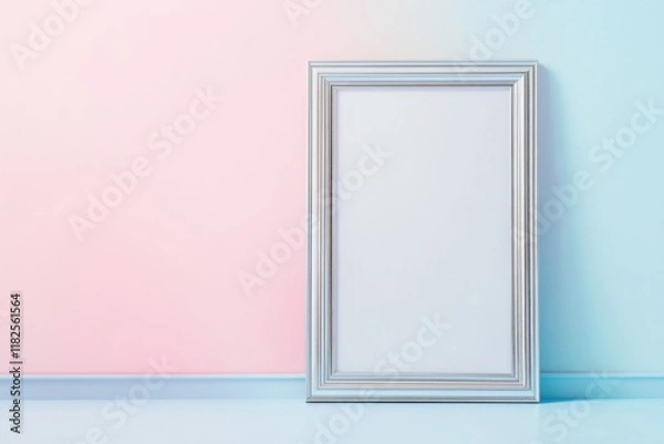 Fototapeta Elegant empty frame rests against pastel pink and blue walls in a serene artistic space