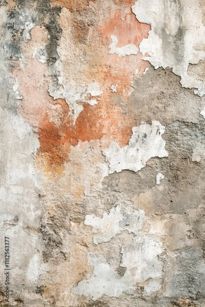 Fototapeta Close-up of a weathered wall with crumbling plaster and fading paint, creating an abstract textured background