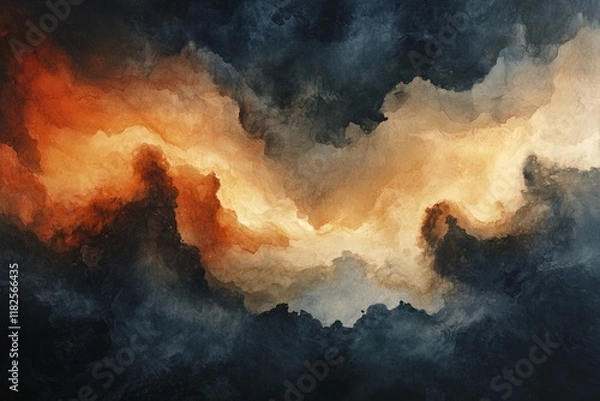 Fototapeta Abstract painting depicting a dramatic cloudscape with vibrant orange and dark hues, creating a moody and atmospheric scene