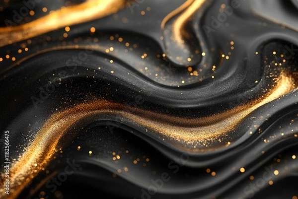Fototapeta Wavy black and gold background flowing smoothly with glitter, creating a luxurious and elegant abstract design