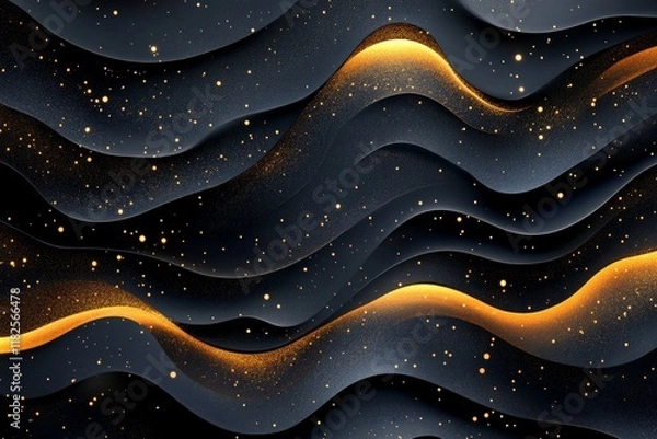 Fototapeta Golden particles floating over a wavy black fabric, creating a luxurious and elegant abstract background