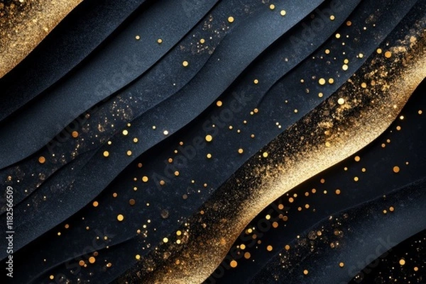 Fototapeta Golden particles and confetti flowing over elegant black wavy shapes creating a luxurious abstract background