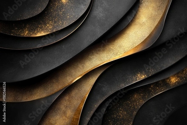Fototapeta Wavy shapes in black and gold materials creating an abstract luxury background, with glitter particles