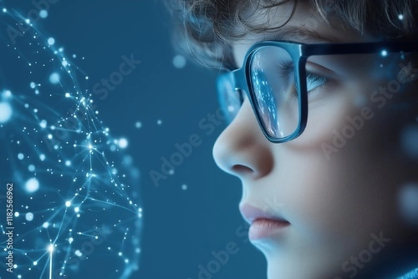 Fototapeta Close-up of a child with glasses looking at a glowing digital network. education and technology concept