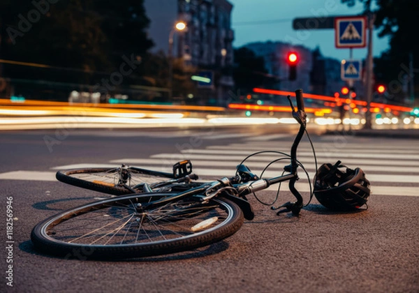 Fototapeta Bicycle and helmet on the road at night after an accident with blurred lights in the background