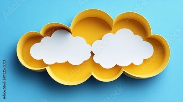 Fototapeta Creative paper craft of yellow and white clouds arranged against a blue backdrop