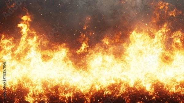 Obraz Intense flames engulf an open area during a wildfire in the forest at sunset