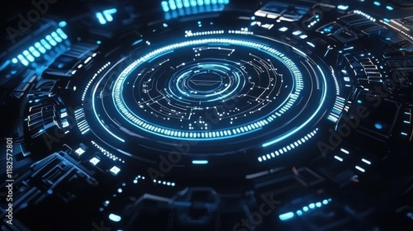 Fototapeta Abstract neon blue circuit design futuristic technology digital art virtual environment close-up view innovation concept