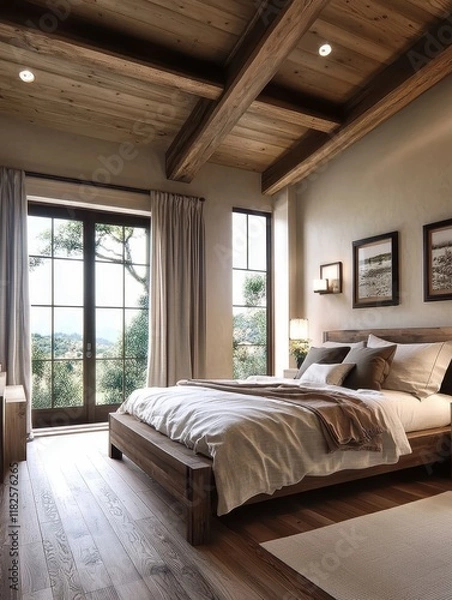 Fototapeta Cozy rustic bedroom, exposed wooden beams, large windows with garden view, neutral color palette, soft natural light, minimalist decor, linen bedding, hardwood floors, ceiling fan, framed botanical pr