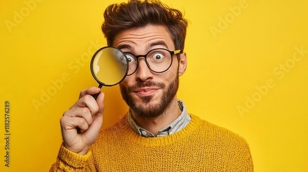 Fototapeta Man with glasses playfully examines through magnifying glass against yellow background