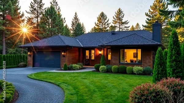 Obraz современный загородный дом, коттедж,  в экологически чистом месте на фоне хвойного леса. с зеленым газоном