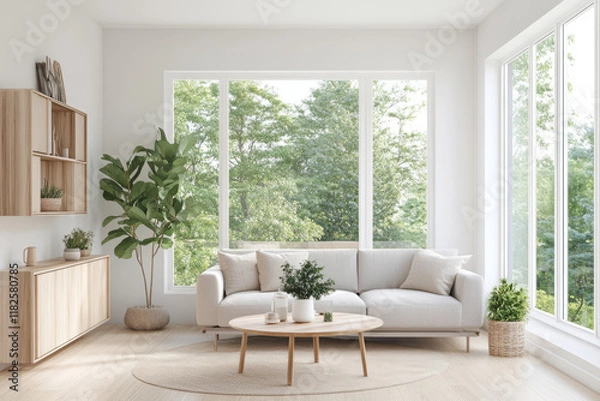 Fototapeta Modern living room with sofa, coffee table, soft decor, large windows, and natural views