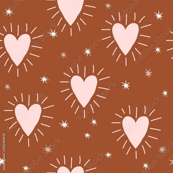 Fototapeta Seamless pattern with big hearts and stars. Boho style print. Vector hand drawn illustration.