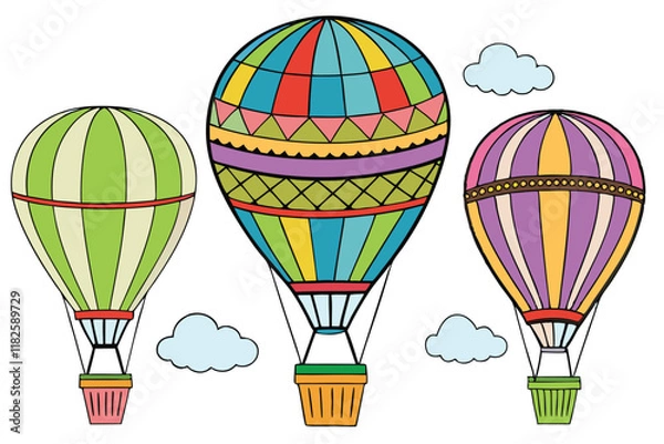 Fototapeta Collection of artistic hot air balloon drawings with intricate patterns and bold colors, ideal for travel themes and whimsical designs