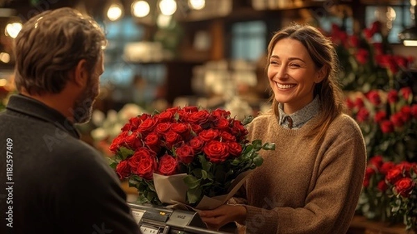 Fototapeta Young hispanic female florist smiling while handing a bouquet of red roses to mature caucasian male customer