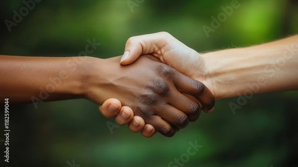 Fototapeta Close-up of diverse handshake against green outdoor background. Perfect for corporate materials, advertising, and social campaigns. Represents inclusivity, partnership, and unity