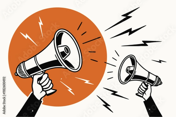 Fototapeta Megaphones, hands holding loudspeakers, orange circle background, black and white contrast, lightning bolts, scratched texture, dramatic announcement, activism concept, powerful communication, graphic