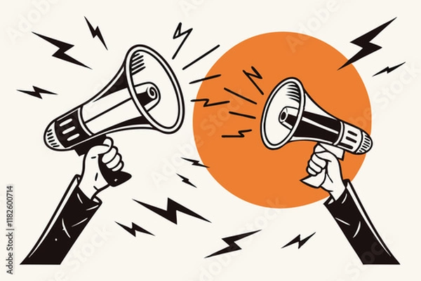 Obraz Megaphones, hands holding loudspeakers, orange circle background, black and white contrast, lightning bolts, scratched texture, dramatic announcement, activism concept, powerful communication, graphic