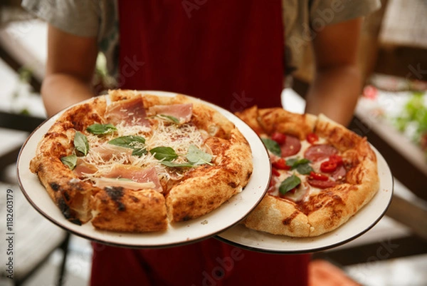Fototapeta Waitress holds plates with fresh baked spicy sausage pizza. Restaurant service.