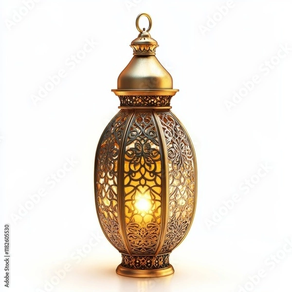 Fototapeta A single ornate golden lantern lit up and glowing isolated on white 