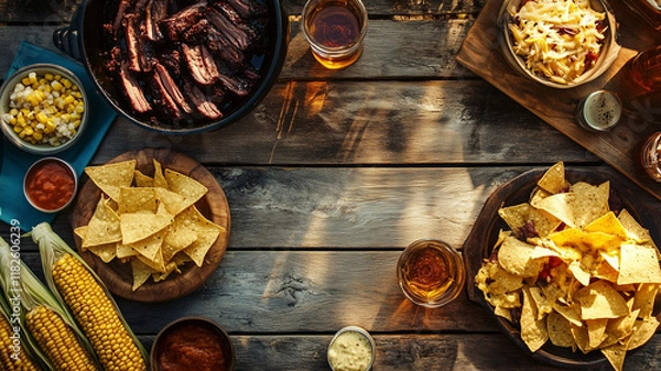 Obraz Rustical BBQ Table with steak, nachos, corn-on-the-cob, drinks and dips. American dining concept with copy space. 