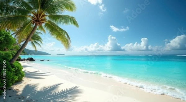 Fototapeta Arafly palm trees line the beach of a tropical island